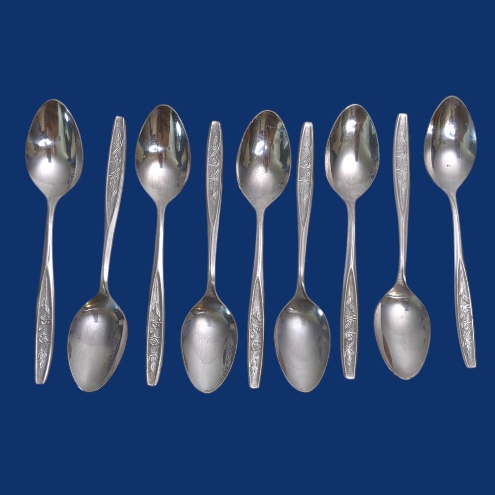 9pc Ekco Eterna ROSE COTILLION Flatware Stainless Teaspoon Spoon